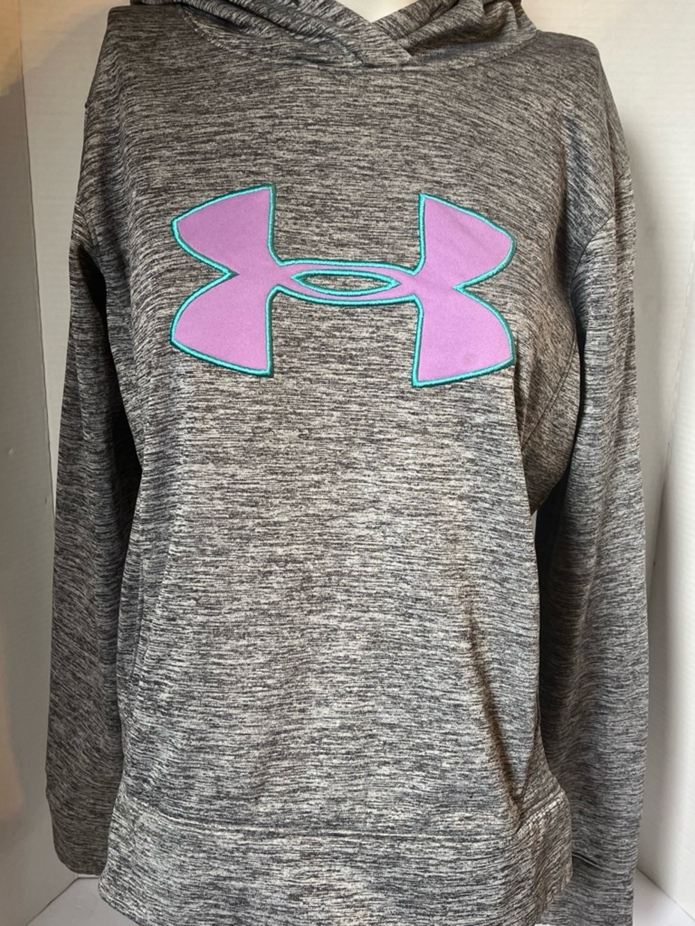 Under Armour Grey Marled Hoodie with Purple Logo and Teal Trim